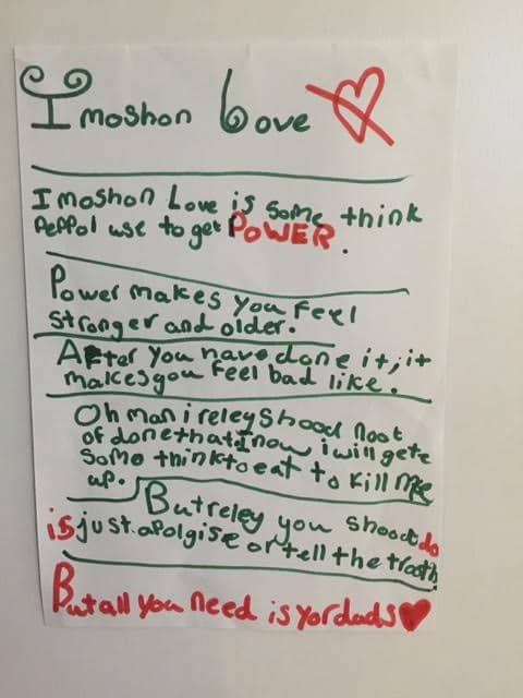 Hand written explanation of Imitation love by a child.
